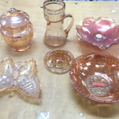 A small collection of carnival glass.