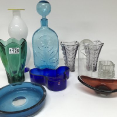 A collection of mid 20th century coloured trays, vases, decanters and other.