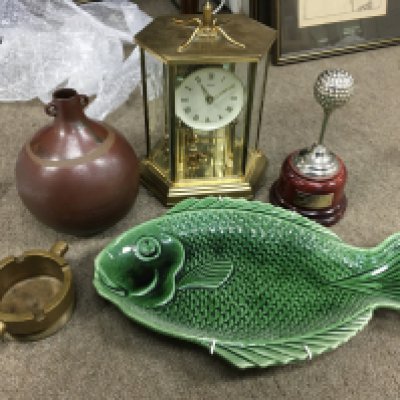 A green fish plate, Kunde clock, Golf trophy etc. this lot cannot be posted
