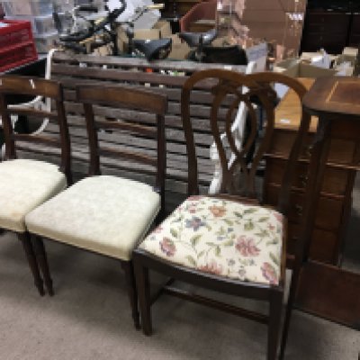 A pair of George III mahogany dining chairs with turned legs one othe late George III chair and an Edwardian plant stand (4)