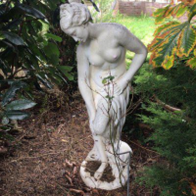 a composition, concrete garden ornaments in the form of a neoclassical, naked maiden. Good condition.hight 114cm.Sold in situ buyer to collect.