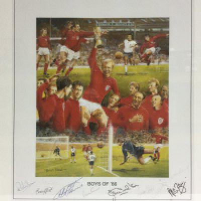 A framed and glazed multiple signed limited edition print of the England world cup winning team, approx 53cm x 59cm. Shipping category D.
