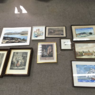 A collective lot of artwork including painting of ship by W Hinds.