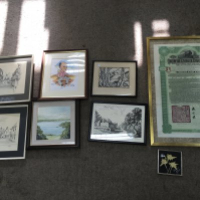 A small collection of pictures and a framed Imperial Chinese bond. Postage D