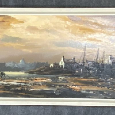 A framed Oil painting of London by Edward Elliott together with a framed print of Canterbury Pilgrims by Stephen Reid. (D)