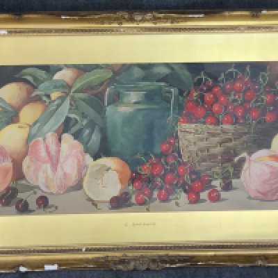 Giovanni BARBARO (1864-1915), Gilt framed Still life watercolour with cherries and oranges. 98cm x 51cm