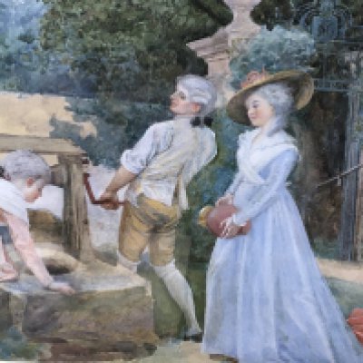 A Quality Watercolour study of figures in a landscaped garden by a water well. Signed lower right T R Lamont. Thomas Reynolds Lamont (1826-1818) purchased from Abbott and Holder Gallery Museum street WC1 London. (Cost &pound;900) 53x44cm