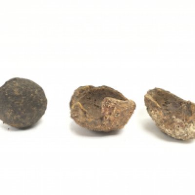 A very early iron cannon ball with barnacle encasement in two pieces. Vendor reports this ball was found off the coast of Southern England. 2.5 inch cannon ball possibly from a minion 2 pounder.