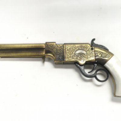A replica inert working action bras and metal Western Revolver Volcanic model, with a mother of pearl handgrip. 33cm long. Postage category B