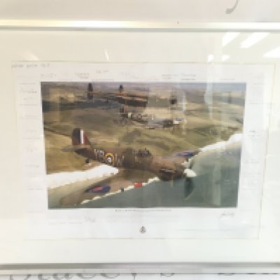 James Dooley, coloured print, Battle of Britain Memorial Flight Over Beachy Head, bearing facsimile signatures by the Veterans of both Bomber Command and Fighter Command, framed, dimensions 52x42cm