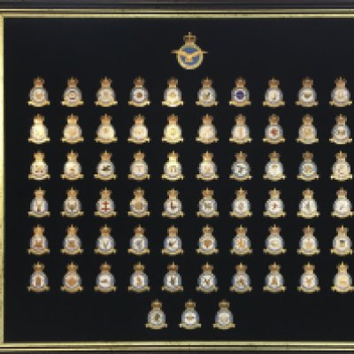 A collection of sixty-four Royal Air Force squadron badges, enamel and gilt metal, mounted and framed, 59 x 53cms. Postage category c