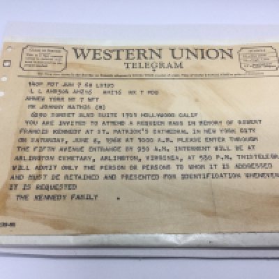 A Western Union telegram sent to Johnny Mathis from the Kennedy family inviting Mr Mathis to attend a requiem mass in memory of Robert Kennedy on Saturday, 8th June 1968. Shipping category A. NO RESERVE