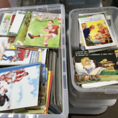 A collection of thirteen plastic boxes containing a large quantity of postcards mainly mid 20th century including a large collection of comical cards including early examples and numerous other postcards mixed subjects. (13)