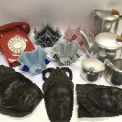A collection of oddments comprising a red rotary dial telephone, four piece Piicquot ware tea set, glass handkerchief dishes etc. Shipping category D. NO RESERVE