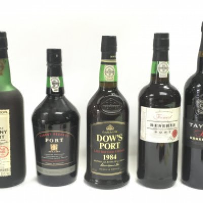 Five bottles of port including 20 years old Tawny Port, Dows Port Late bottled vintage 1984, Taylors Select reserve port. This lot cannot be posted.