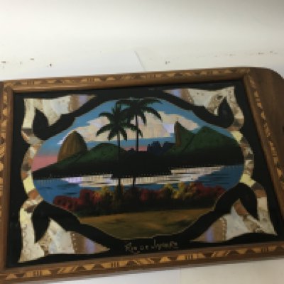 A mid 20th century Brazilian tea tray inlaid hardwood and inset with butterfly wings Rio de Janeiro. NO RESERVE