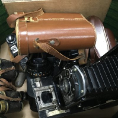 A Collection of vintage cameras and lenses including a Ensign Klito Folding plate camera, Nikon F-301, Nikon N8008, Nikon F-601 etc. postage category C