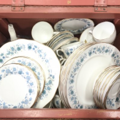 A large Colclough tea set containing plates, cups, saucers and a Marlborough Mikado set stored in a wicker box. This lot cannot be posted. NO RESERVE