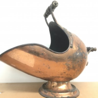 A Victorian decorated copper coal scuttle , 43cm tall. This lot cannot be posted