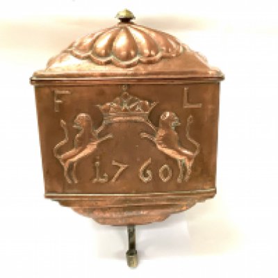 An early European copper water dispenser and cover with crest. 38cm x 27cm.