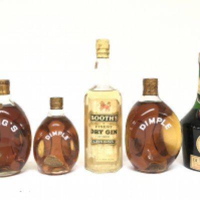 A collection of whiskeys including Booths gin, Haigs, Dimple, D.O.M benedictine. Mixed levels. This lot cannot be posted