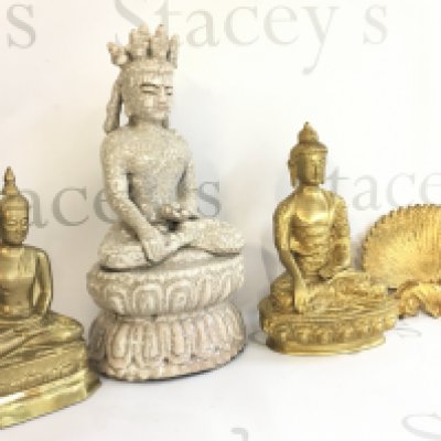 A collection of brass and ceramic buddha figures and an art nouveau style dish. This lot cannot be posted