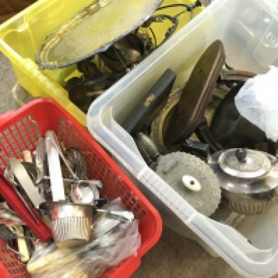 A Collection of silver plate including cutlery, dishes, a large bell. This lot cannot be posted