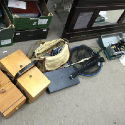 A Collection of fly fishing equipment including fly reels, Shakespeare, a J.W Young and sons reel, Alcock Aerialite, Acra Mitchell 300 spinning reel and a collection of rods including Daiwa, Hardy, Shakespeare. Fly tying equipment including feathers etc. this lot cannot be posted