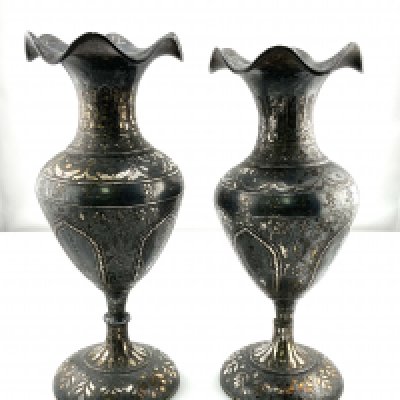 A pair of Persian steel and silver inlaid vases. (C) NO RESERVE
