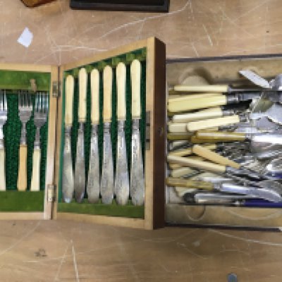 A collection of silver plate cutlery including a cased set. Postage B