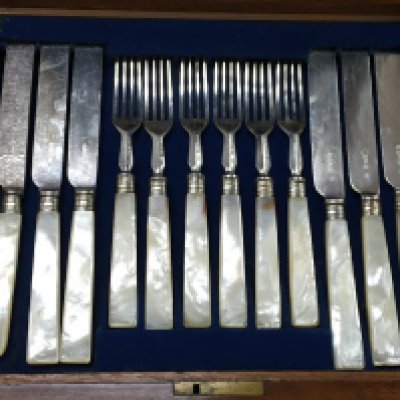 A wooden cased set of mother of pearl cutlery