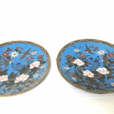 A pair of Cloisonn&#2013265929 dishes decorated with birds and flowers and foliage 30cm . (2) NO RESERVE