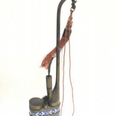 A 20th century opium pipe with cloisonne decoration. 36.5cm tall. This lot cannot be posted