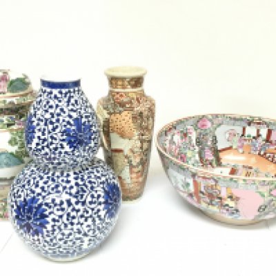 A Collection of modern Chinese and Japanese ceramics including a Famille Rose bowl, Japanese Satsuma vase, Blue and white Chinese vase etc. This lot cannot be posted
