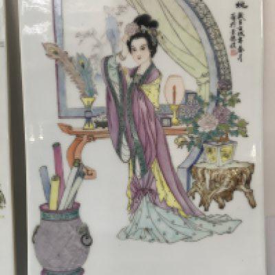 Three Chinese porcelain panels decorated in landscape and interior views . 25 x 37 cm
