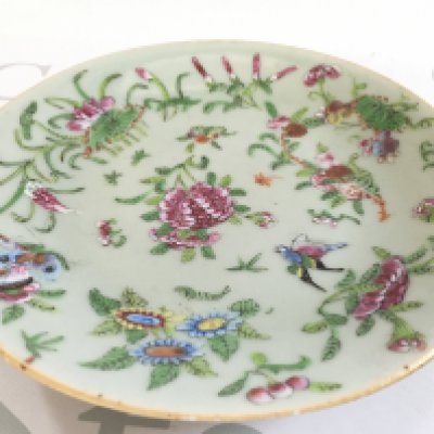 A Chinese Cantonese celadon dish , 19cm wide. Some small chips. This lot cannot be posted