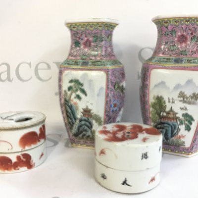 A collection of Chinese ceramics including a pair of Famille Rose vases & red lion boxes. This lot cannot be posted