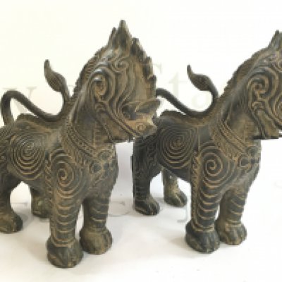 Two bronze temple dog Thai figures, 20cm tall. Postage category B