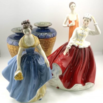 A pair of Doulton Lambeth vases together with 3 ceramic figure (2 Doulton, 1 Coalport). (D) 1 figure with significant damage. NO RESERVE