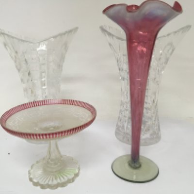 A late Victorian opaque and cranberry glass trumpet vase a cut glass dish with Greek key pattern and a pair of cut glass vases (one with a small chip otherwise no obvious damage) NO RESERVE