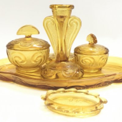 Art deco amber glass set including a dish, vases, containers etc. this lot cannot be posted