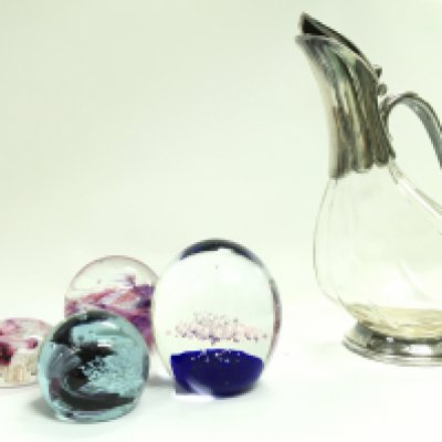 A silver plated duck shaped claret jug and Caithness paper weights and other. This lot cannot be posted