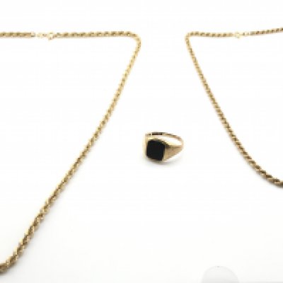 Two 9 carat gold rope chains and a 9 carat gold signet ring, total weight 14.1g. Postage category a