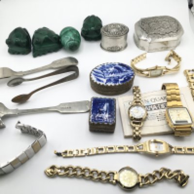 A collection of dress watches including DKNY and silver plated and other cutlery. Postage B