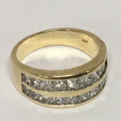A Gents 14carat gold ring set with two rows of pave set diamonds ring size V weight 11g