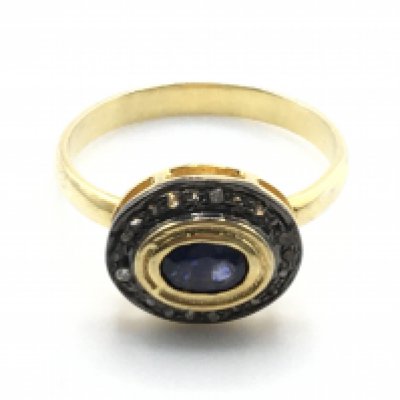An oval sapphire and diamond halo ring in gold plated silver, sapphire 0.30ct approx. R/C diamonds 0.15ct approx. Ring size Q/R. Postage category A