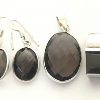 Silver Smokey Quartz pendants and earrings. Postage category A. NO RESERVE