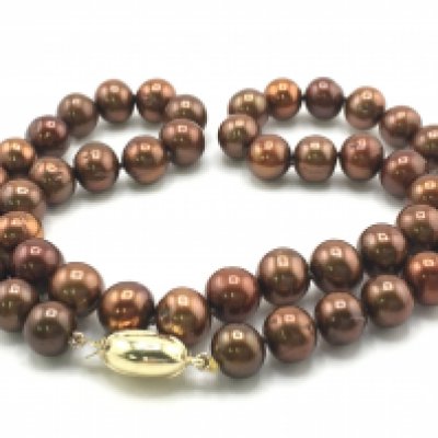 A necklace strung with cocoa freshwater cultured pearls, with a 9ct yellow gold coffee bean clasp. Postage category A