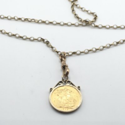 A 1925 full sovereign on a 9ct gold belcher chain. 21.9g Postage A