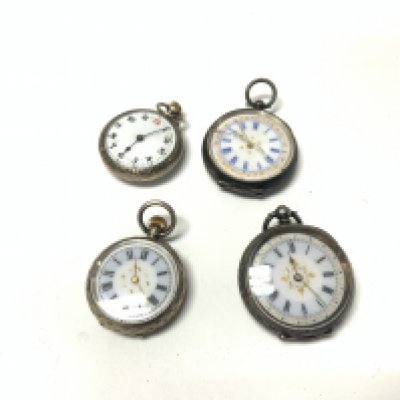 Four silver pocket watches, three seen working.